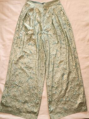 MASSIMO DUTTI Gold Metallic Floral Jacquard Wide-Leg Pants - Size 6 / 38